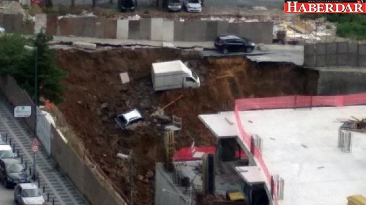 Ümraniyede duvar çöktü! Araçlar inşaat çukuruna düştü...