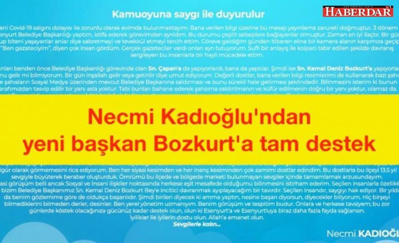 Esenyurt eski belediye başkanı Kadıoğlundan yeni başkan Bozkurta tam destek