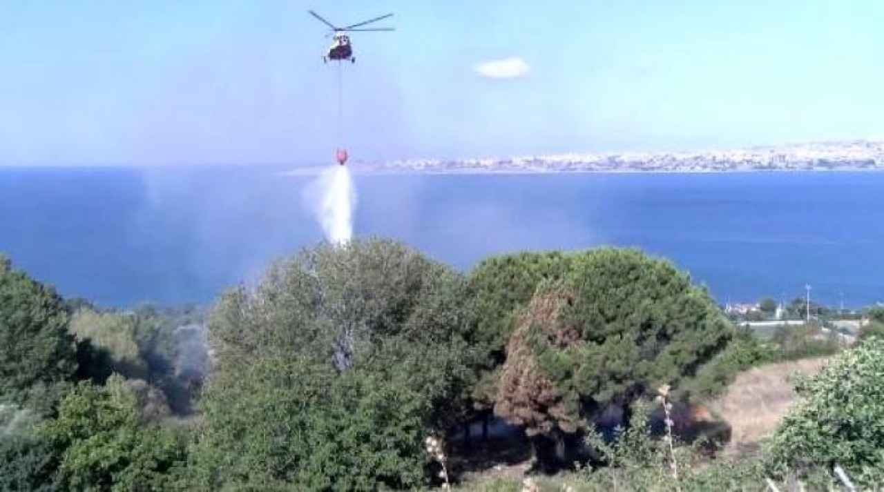 Büyükçekmecede otluk alandaki yangına helikopterli müdahale