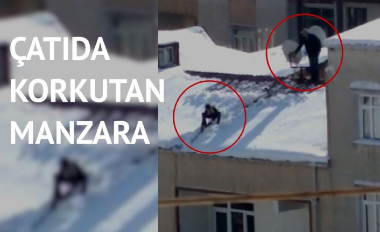 Çocuğu iple bağlayıp çatıdaki karı temizletti