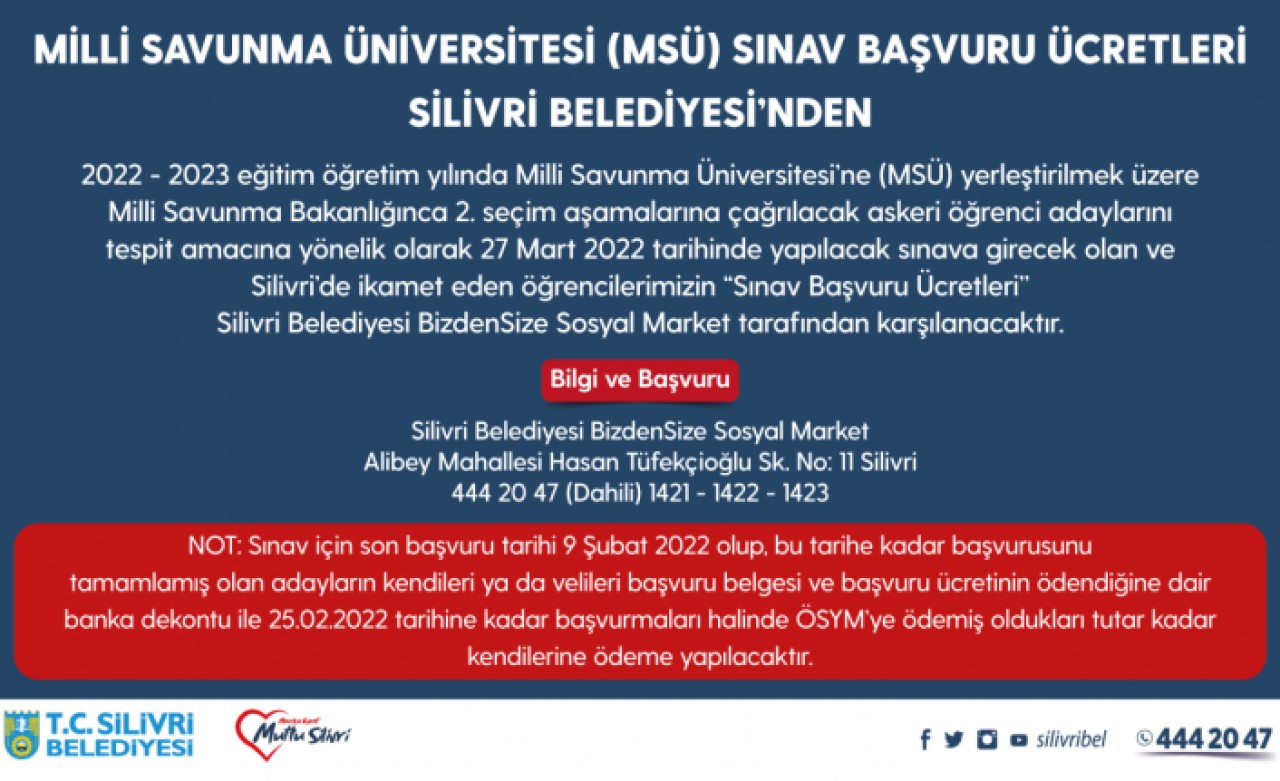 MSÜ SINAV ÜCRETLERİ SİLİVRİ BELEDİYESİNDEN