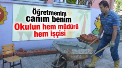 Adem Kaptan okulun hem müdürü hem işçisi
