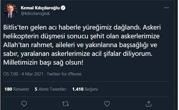 CHP Genel Başkanı Kemal Kılıçdaroğlu: Acı haberle yüreğimiz dağlandı